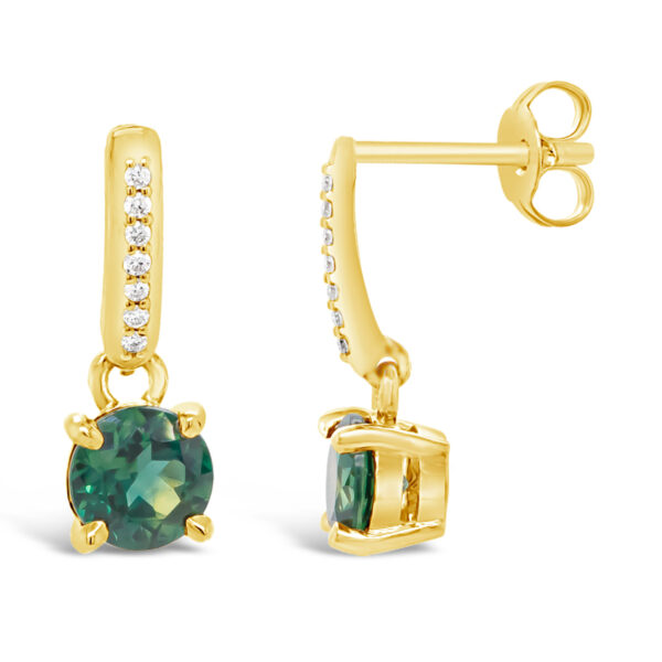 Australian Green-Blue Parti Sapphire Drop Earrings with Diamonds on the post set in Yellow Gold by World Treasure Designs