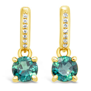 Australian Teal-Blue Sapphire and Diamond Drop Earrings in Yellow Gold by World Treasure Designs