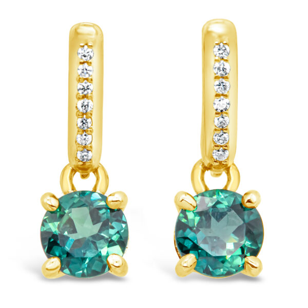 Australian Teal-Blue Sapphire and Diamond Drop Earrings in Yellow Gold by World Treasure Designs
