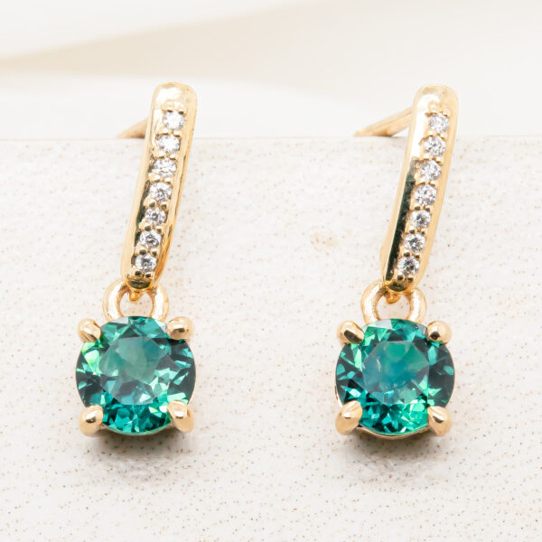 Australian Teal-Blue Sapphire and Diamond Earrings in Yellow Gold by World Treasure Designs