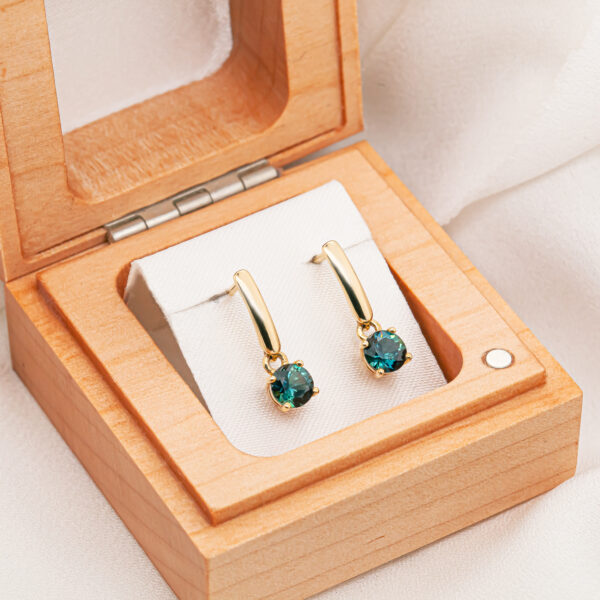 Australian Blue-Green Parti Sapphire Drop Earrings in Yellow Gold Setting by World Treasure Designs