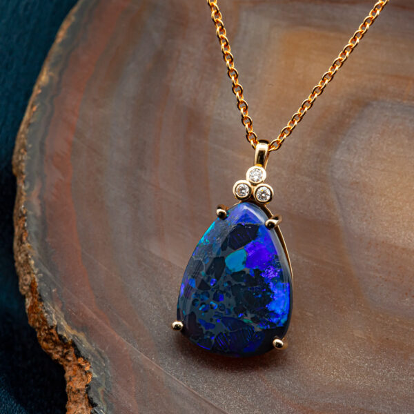 Diamond and Australian Blue-Purple Opal Necklace in Yellow Gold by World Treasure Designs