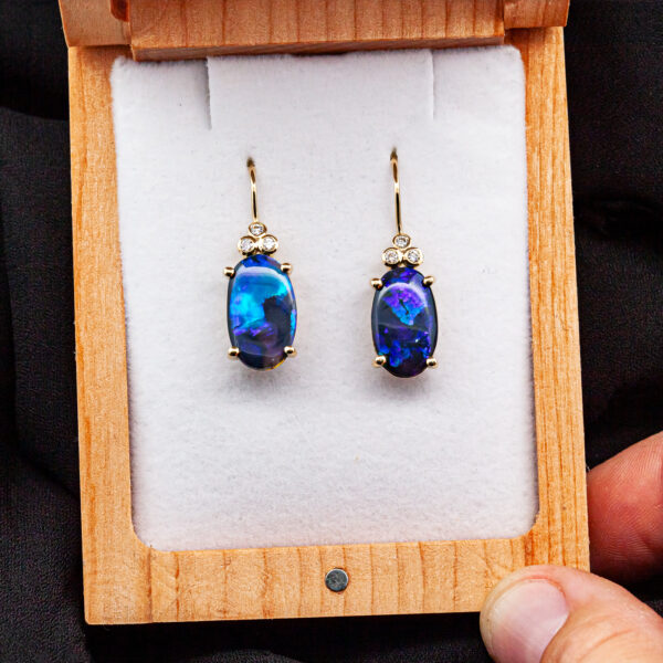 Australian Purple-Blue Black Opal Earrings with Trio of Diamonds in Yellow Gold by World Treasure Designs