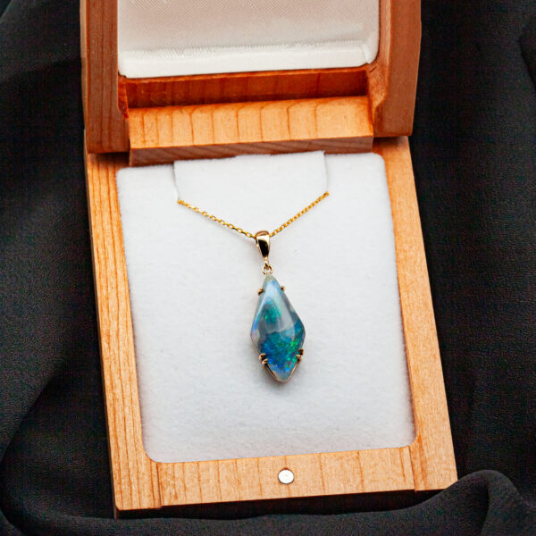 Australian Blue-Green Black Opal Necklace in Box in Yellow Gold by World Treasure Designs