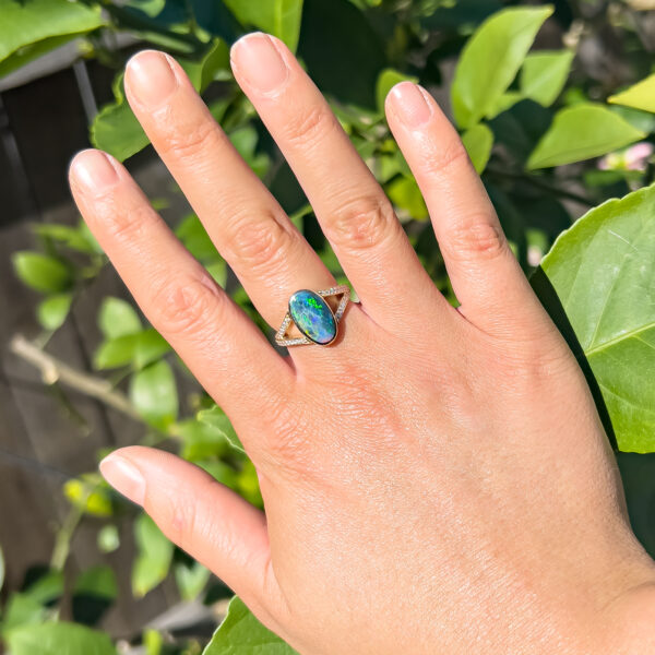 Australian Blue-Green Black Opal Ring with Diamond Band in Yellow Gold by World Treasure Designs