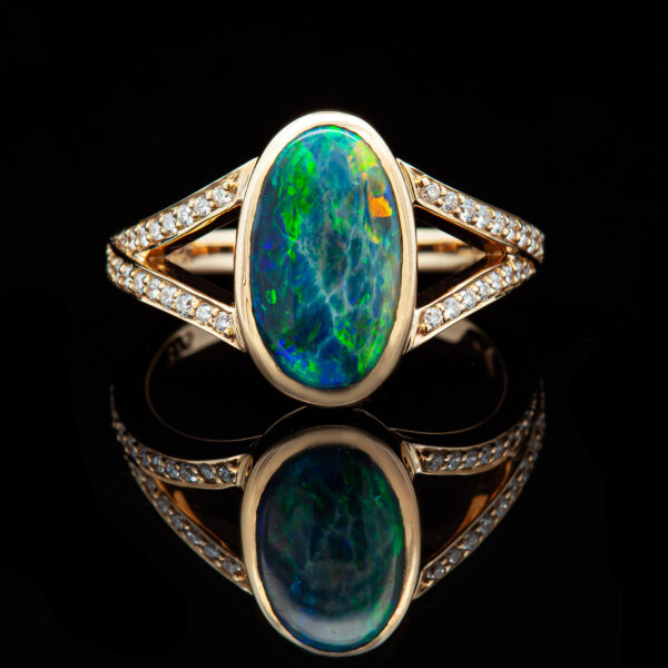 Australian Blue-Green Black Opal Ring with Split Shank Diamond Band in Yellow Gold by World Treasure Designs