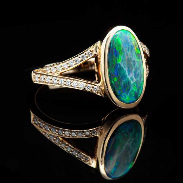 Australian Blue-Green Black Opal and Diamond Ring in Yellow Gold by World Treasure Designs