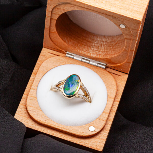 Australian Blue-Green Black Opal with Diamond Split Shank Ring in Yellow Gold by World Treasure Designs