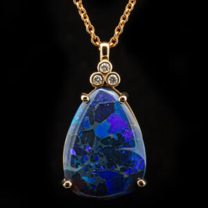 Australian Blue-Purple Black Opal Pendant with Trio of Diamonds in Yellow Gold by World Treasure Designs