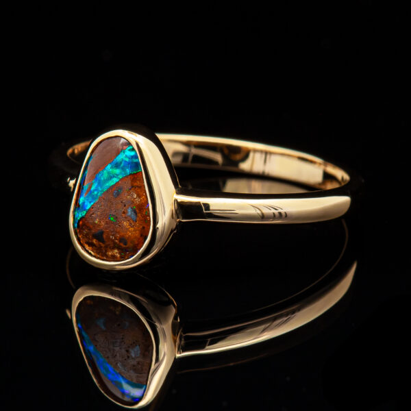 Australian Blue with Brown Boulder Opal Ring in Yellow Gold by World Treasure Designs