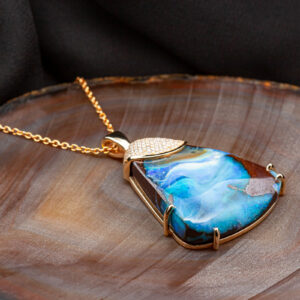 Australian Blue Boulder Opal Necklace with lots of Diamonds in Yellow Gold by World Treasure Designs