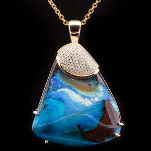 Australian Blue Boulder Opal Pendant with Draping Diamonds in Yellow Gold by World Treasure Designs