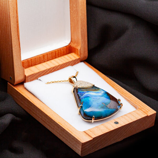 Australian Blue Boulder Opal Pendant with Sparkling Diamonds in Yellow Gold by World Treasure Designs