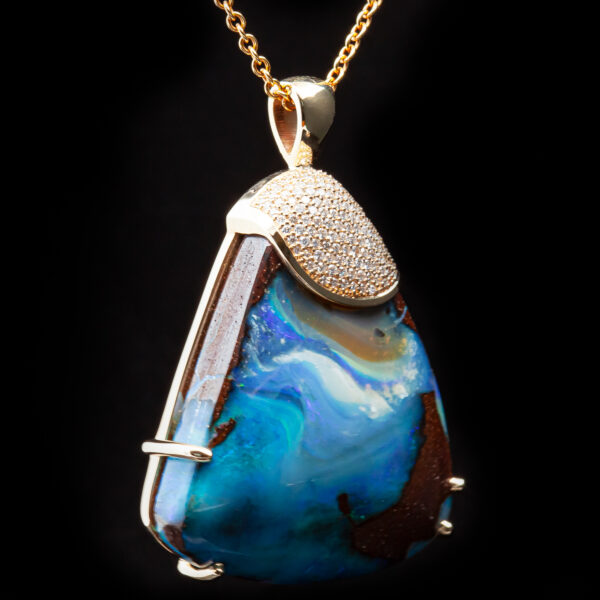 Australian Blue Boulder Opal and Diamond Pendant in Yellow Gold by World Treasure Designs