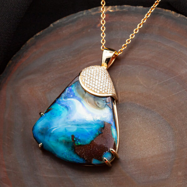 Australian Blue Boulder Opal Pendant with Diamonds in Yellow Gold by World Treasure Designs