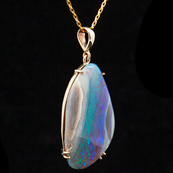 Australian Crystal Blue-Green Black Opal Necklace in Yellow Gold by World Treasure Designs