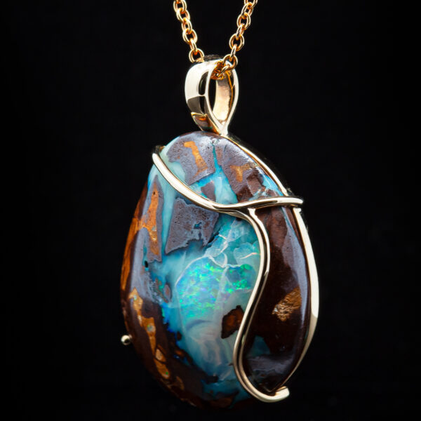 Australian Crystal Boulder Opal Yellow Gold Wave Pendant in Yellow Gold by World Treasure Designs
