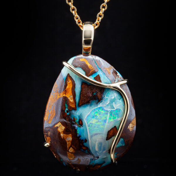 Australian Crystal Boulder Opal Necklace with Yellow Gold Wavy Accent in Yellow Gold by World Treasure Designs