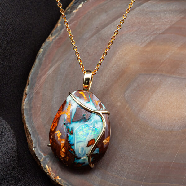 Australian Crystal Boulder Opal Necklace with Curvy Yellow Gold Strand in Yellow Gold by World Treasure Designs