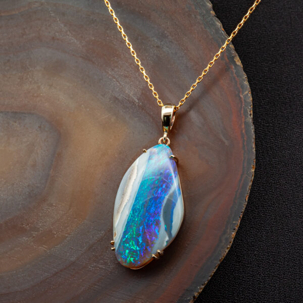 Australian Crystal Opal Necklace with Blue-Green Black Opal in Yellow Gold by World Treasure Designs