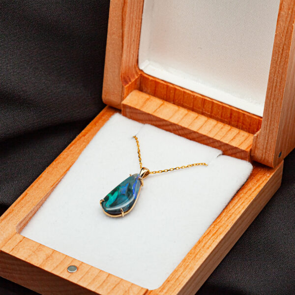 Australian Green-Blue Black Opal Necklace Pendant in Yellow Gold by World Treasure Designs