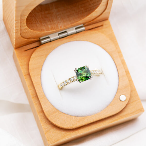Australian Green Sapphire Ring with Hidden Diamonds in Yellow and White Gold by World Treasure Designs