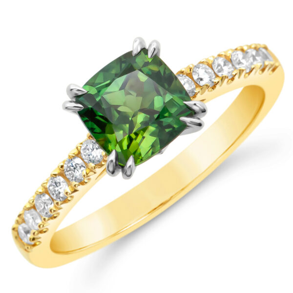 Australian Green Sapphire and Diamond Ring in Yellow and White Gold by World Treasure Designs