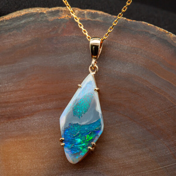 Australian Opal Necklace with Diamond-Shaped Blue Green Black Opal in Yellow Gold by World Treasure Designs