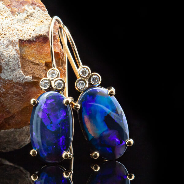 Australian Black Opal Earrings with Blue-Purple Hues in Yellow Gold by World Treasure Designs