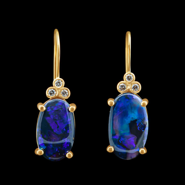 Australian Purple-Blue Black Opal Earrings with Diamonds in Yellow Gold by World Treasure Designs