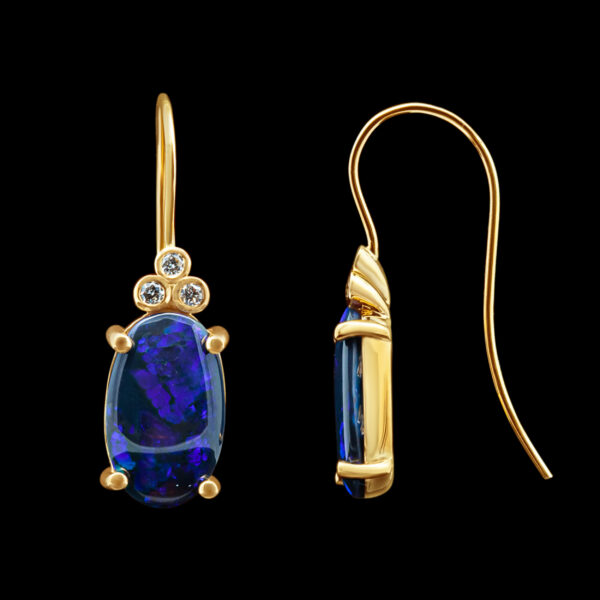 Australian Purple-Blue Black Opal Earring Set with Diamonds in Yellow Gold by World Treasure Designs