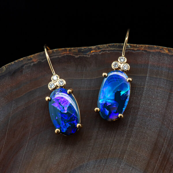 Australian Purple-Blue Opal Earrings with Diamond Trio Set in Yellow Gold by World Treasure Designs