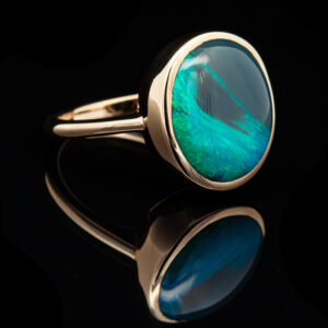 Australian Seafoam Green Black Opal Ring in Bezel Yellow Gold Setting by World Treasure Designs