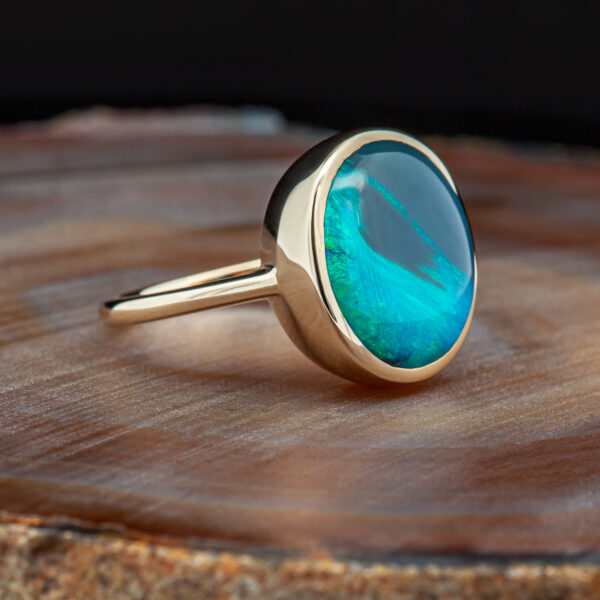Large 9ct Australian Seafoam Green Black Round Opal Ring in Yellow Gold by World Treasure Designs