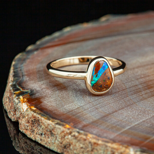 Australian Streak Blue Opal and Brown Boulder Ring in Yellow Gold by World Treasure Designs