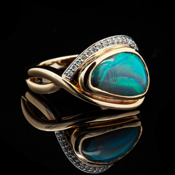 Australian Teal Black Opal Diamond Ring in White and Yellow Gold by World Treasure Designs