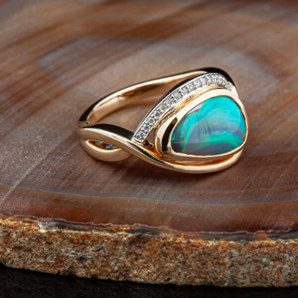 Australian Teal Black Opal Ring with Diamonds on Top in White and Yellow Gold by World Treasure Designs