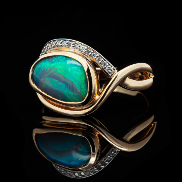 Australian Teal Black Opal and Diamond Ring in White and Yellow Gold by World Treasure Designs