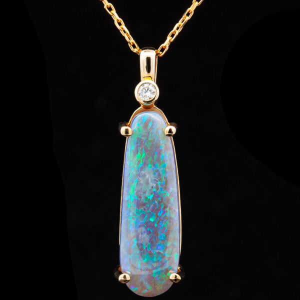 Elongated Australian Blue-Green Black Opal with Diamond Necklace in Yellow Gold by World Treasure Designs