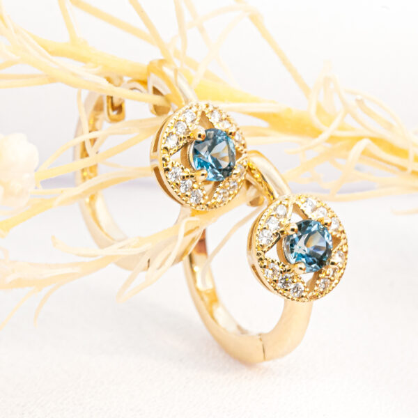 Australian Blue Sapphire and Diamond Hoop Earrings in Yellow Gold by World Treasure Designs