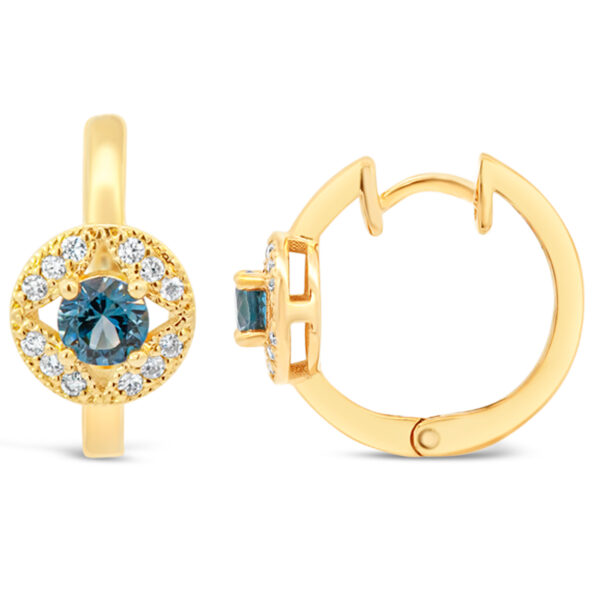 Australian Blue Sapphire and Diamond Huggie Hoop Earrings in Yellow Gold by World Treasure Designs