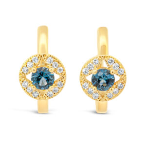 Australian Blue Sapphire and Diamond Huggie Hoop Earrings in Yellow Gold by World Treasure Designs