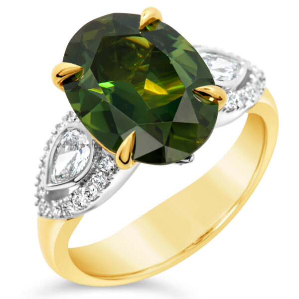Australian Green Parti Sapphire Oval Ring with Pear Cut Diamonds in Yellow and White Gold by World Treasure Designs