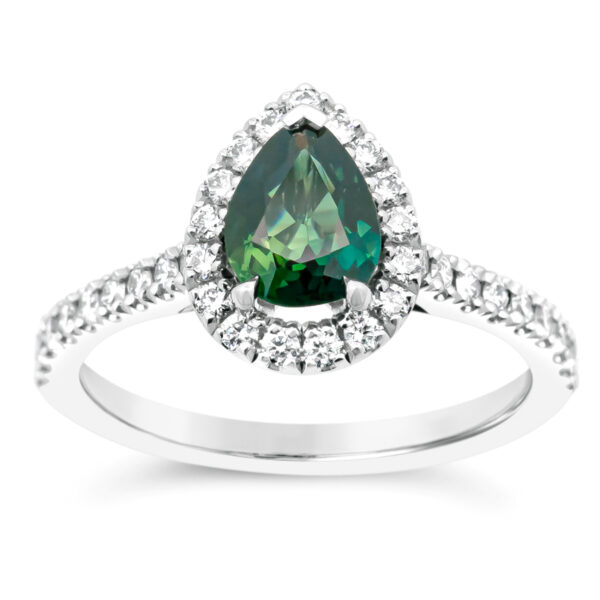 Australian Green-Blue Parti Pear Cut Sapphire Ring with Diamond Halo in White Gold by World Treasure Designs
