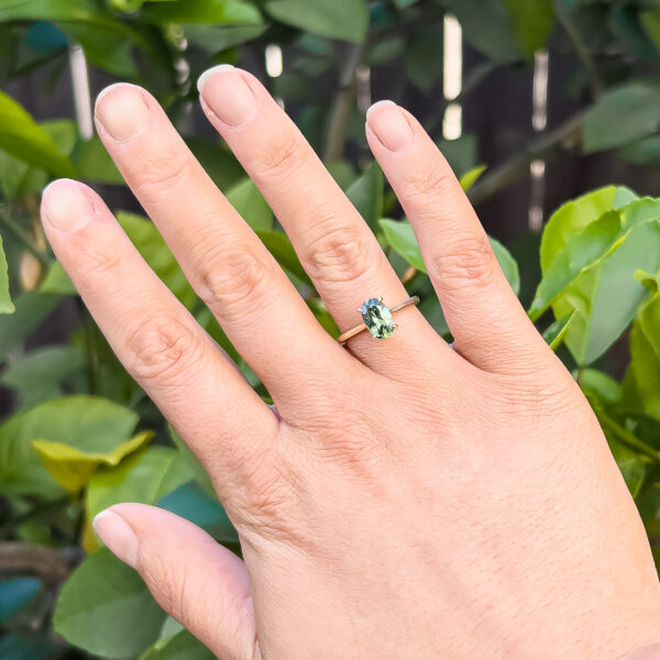 Australian Green Parti Oval Sapphire Ring in Yellow Gold by World Treasure Designs
