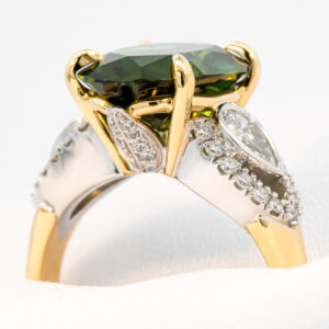Australian Green Parti Sapphire and Pear Cut Diamonds with Diamond Leaf Design in Yellow and White Gold by World Treasure Designs