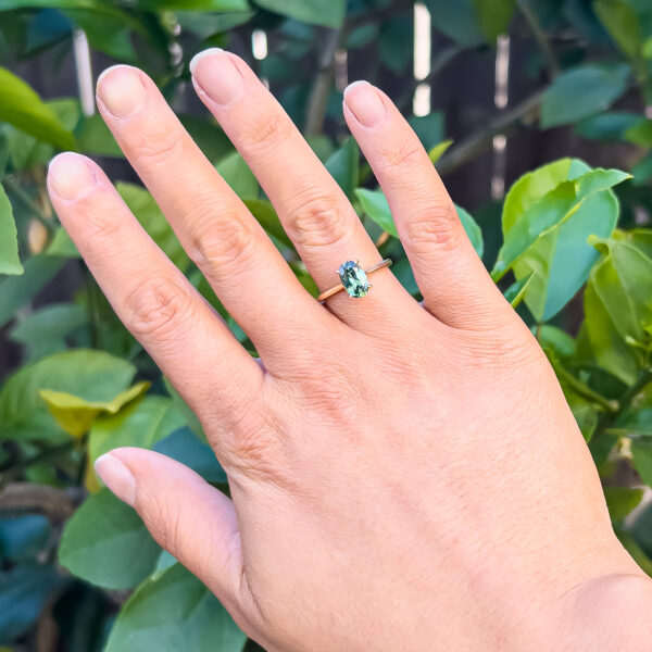 Australian Mint Green-Teal Parti Sapphire Oval Ring in Yellow Gold by World Treasure Designs