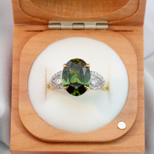 Australian Olive Green Parti Sapphire and Diamond Leaf Ring with Pear Cut Diamonds in Yellow and White Gold by World Treasure Designs