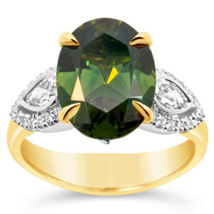 Australian Olive Green Parti Sapphire with Pear Cut Diamonds with Leaf Design in White and Yellow Gold by World Treasure Designs