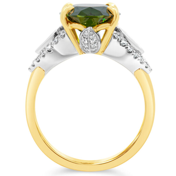 Australian Oval Green Parti Sapphire Ring with Hidden Leaf Design filled with Diamonds in Yellow and White Gold by World Treasure Designs